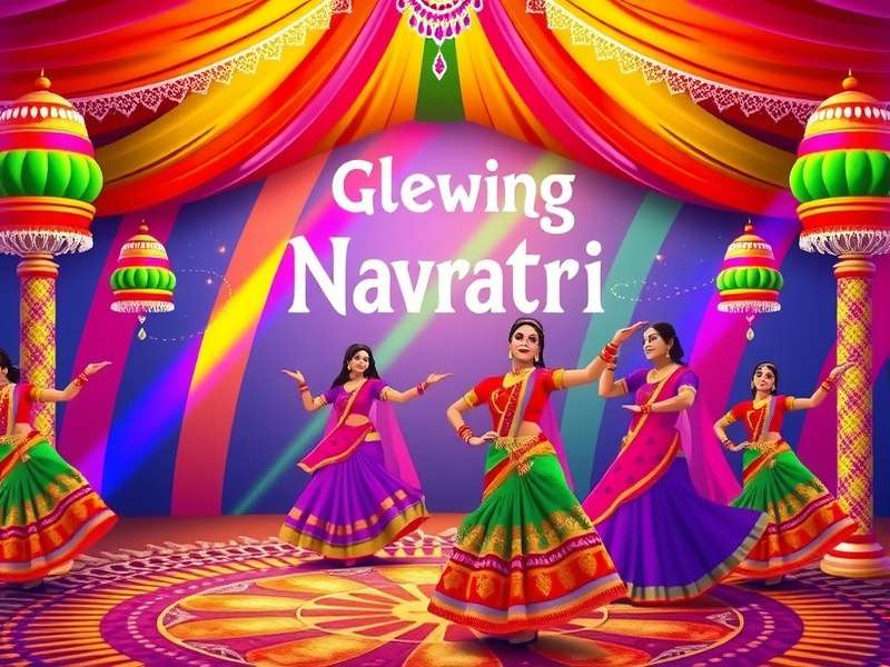 Glowing Navratri official banner featuring vibrant digital pandal decorations, garba dancers in traditional attire, and intricate rangoli designs